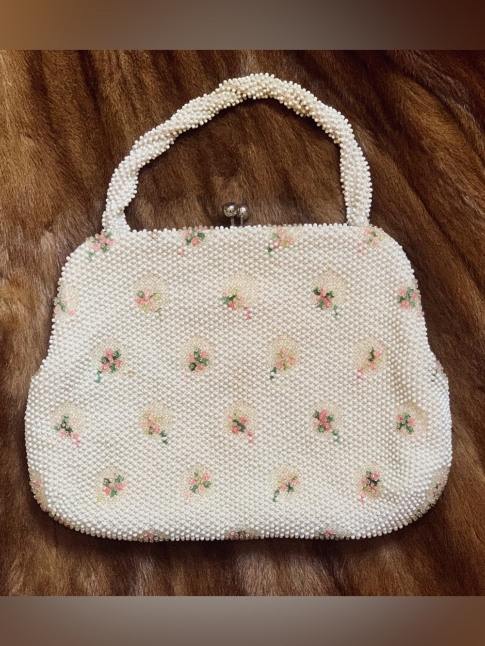 Corde Bead Vintage 1950’s Ivory Beaded Floral & Faux Pearl Handbag / Purse